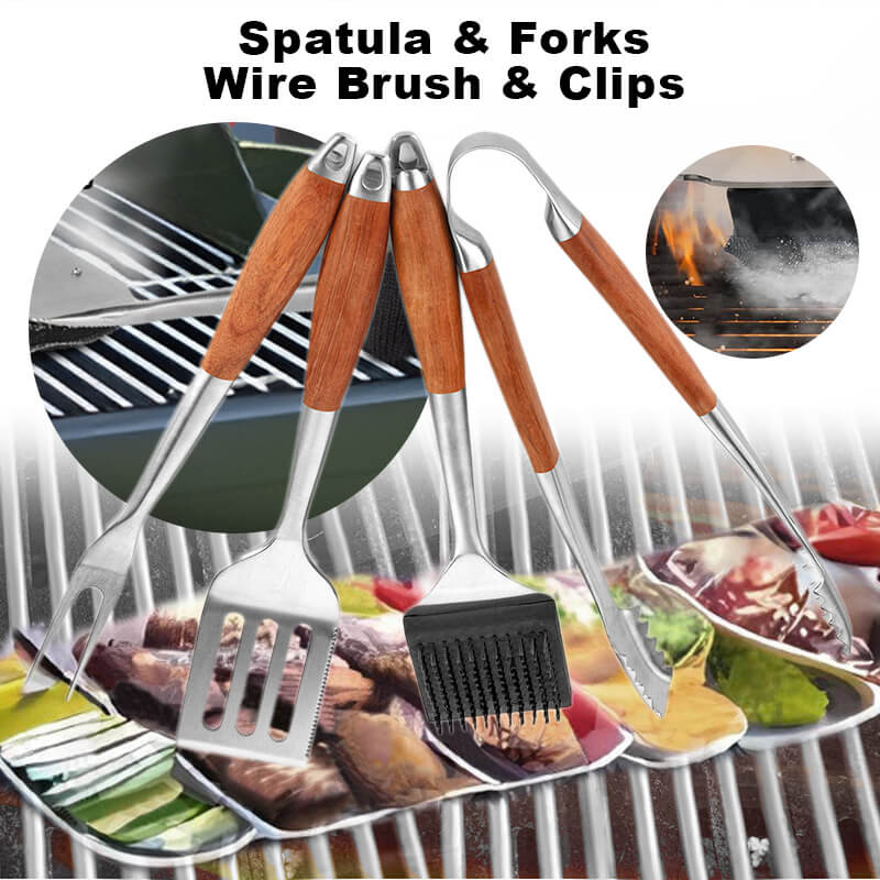 4pcs BBQ Tool Set, spatula, fork, clip and clean brush