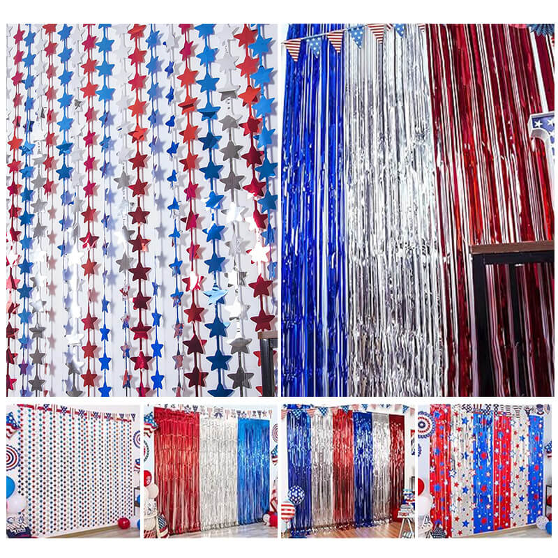 Blue, Red, White Star Foil Fringe Curtains