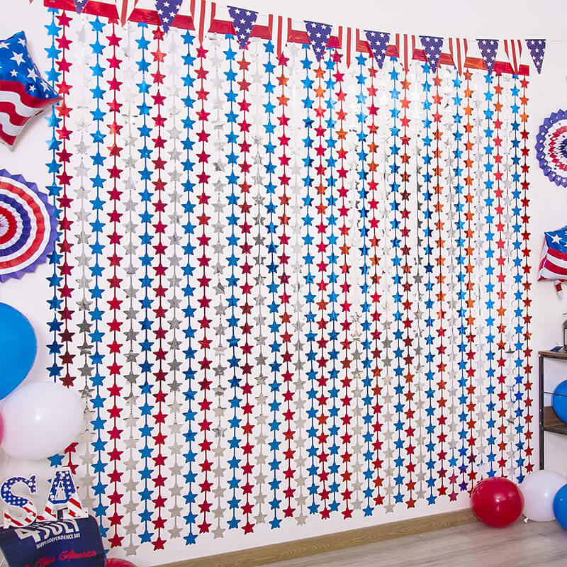 Blue, Red, White Star Foil Fringe Curtains