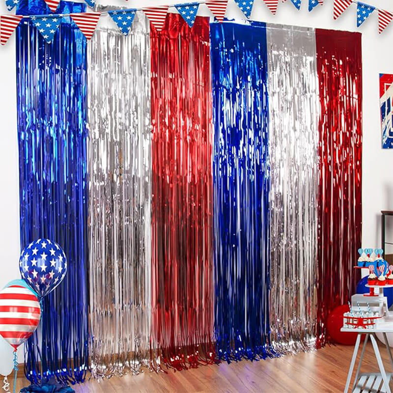 Blue, Red, White Star Foil Fringe Curtains