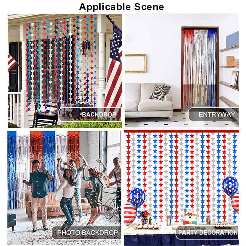 Blue, Red, White Star Foil Fringe Curtains