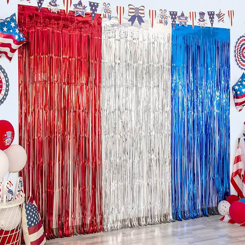 Blue, Red, White Star Foil Fringe Curtains