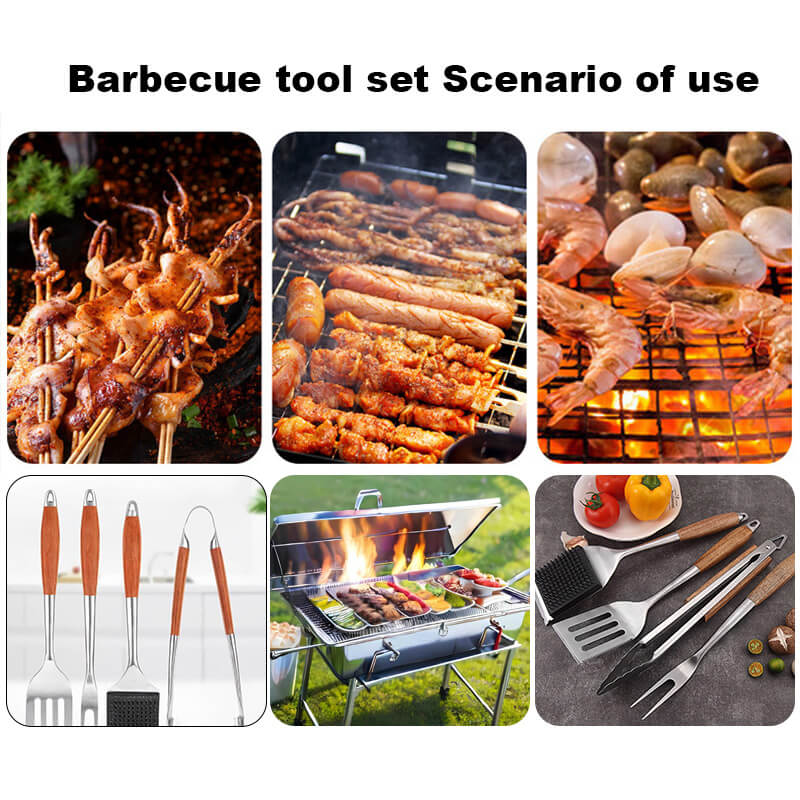 4pcs BBQ Tool Set, spatula, fork, clip and clean brush