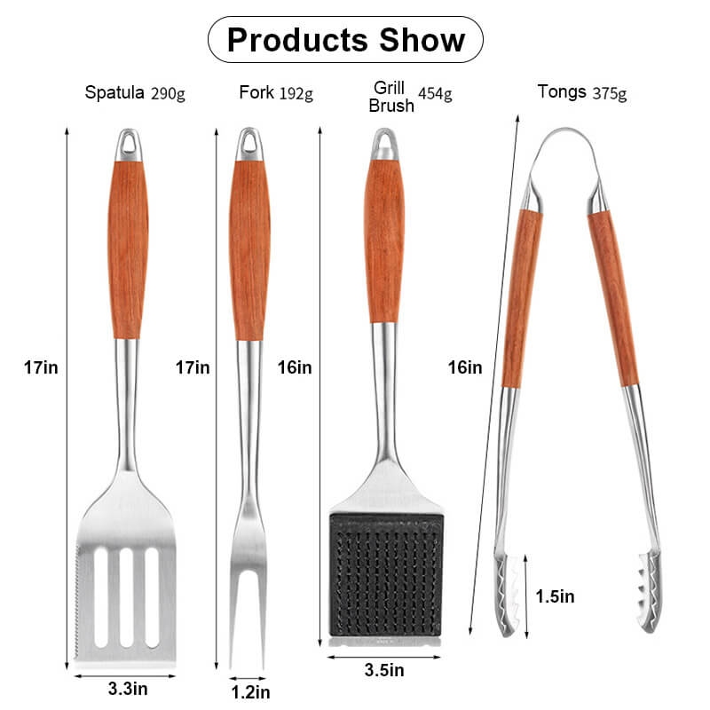 4pcs BBQ Tool Set, spatula, fork, clip and clean brush