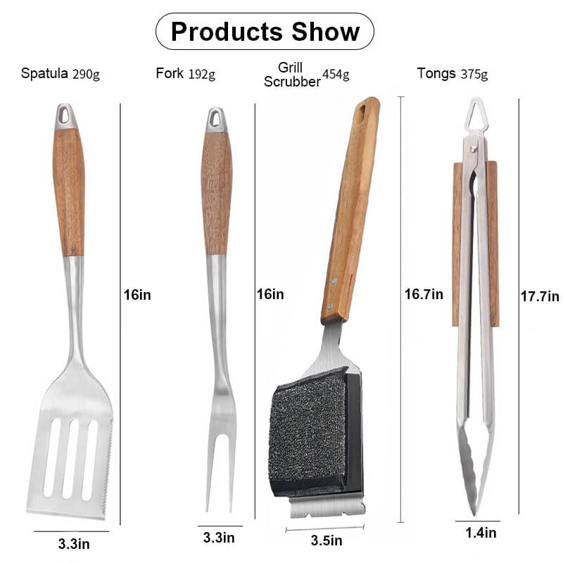 4pcs BBQ Tool Set, spatula, fork, clip and clean brush